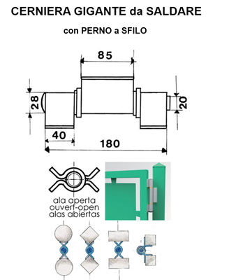 CERNIERA GIGANTE A SALDARE A 3 ALI PERNO SFILABILE mm 180 (cm 18) IBFM art 405A
